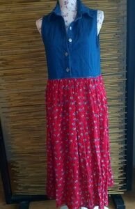 TY2 8 Cottagecore Denim & Red Flowers Maxi Dress